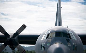 Close-up frontal view of a parked C-130 aircraft