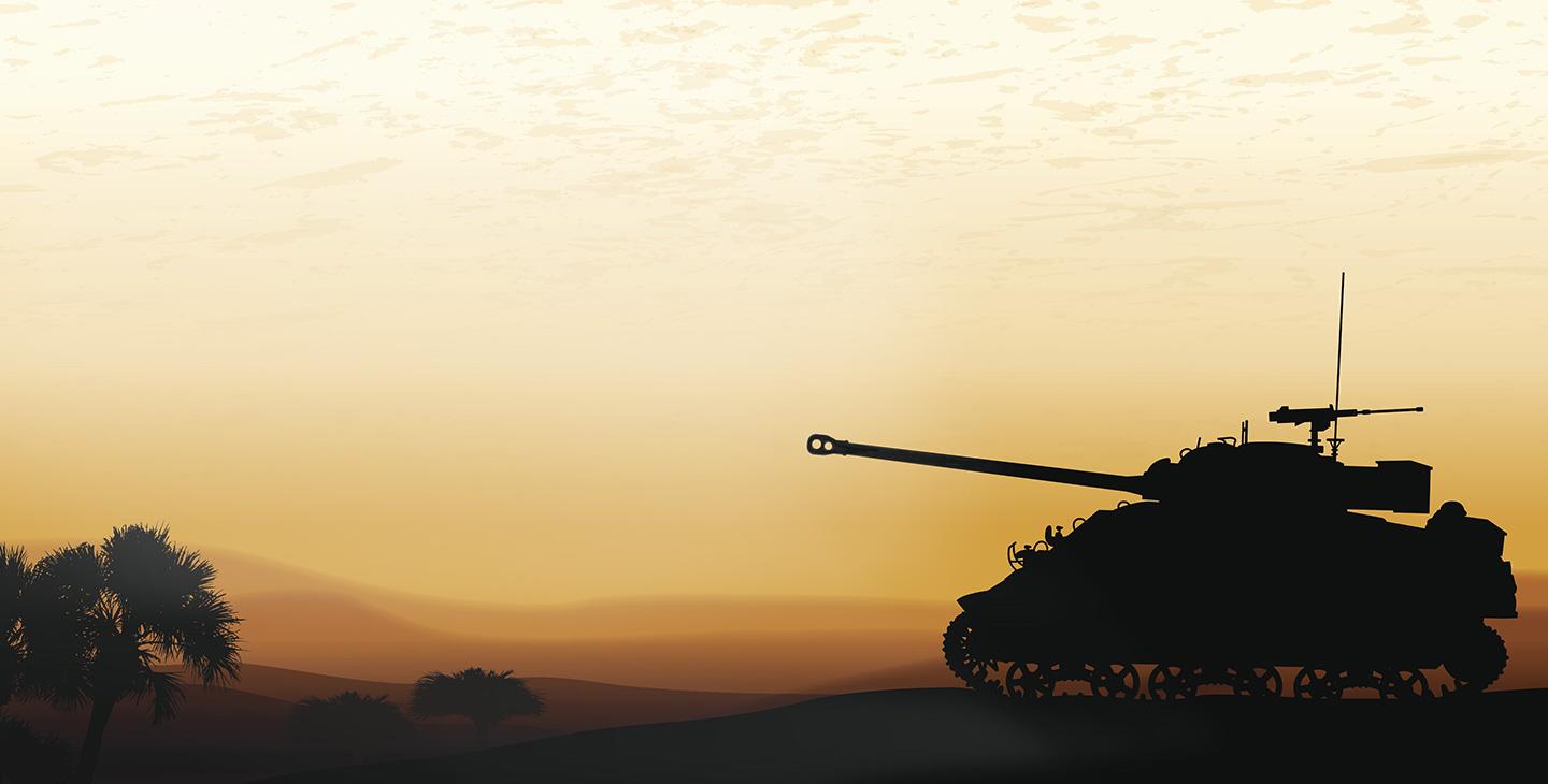 Silhouette of tank at dusk