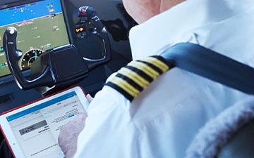 穿着制服的飞行员坐在飞机驾驶舱里, 手里拿着一个展示Viasat文档管理软件的平板电脑